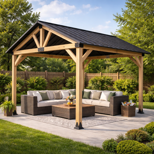 3360 L x 2840 W x 2830 H Patio Cedar Wood Gazebo Pitched Roof Hard Top Black  steelmates