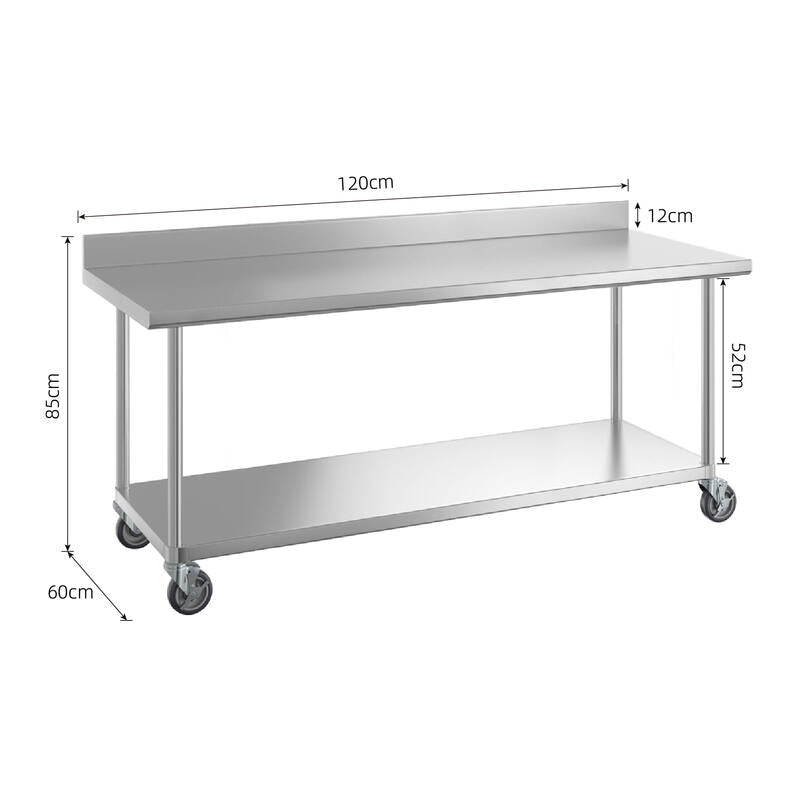 2-Tier Stainless Steel Workbench with Backsplash & Wheels-1.2M