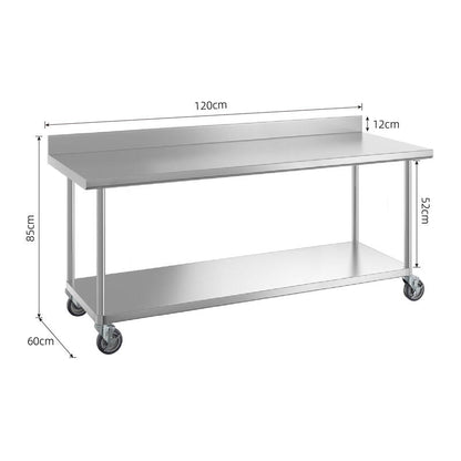 2-Tier Stainless Steel Workbench with Backsplash & Wheels-1.2M