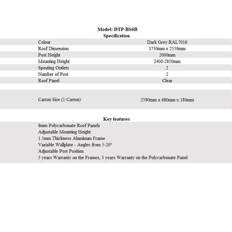 3750 L x 2550 W Aluminium Canopy, Patio cover, Carport, Lean To Pergola,8mm Roof