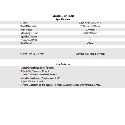 3750 L x 2550 W Aluminium Canopy, Patio cover, Carport, Lean To Pergola,8mm Roof