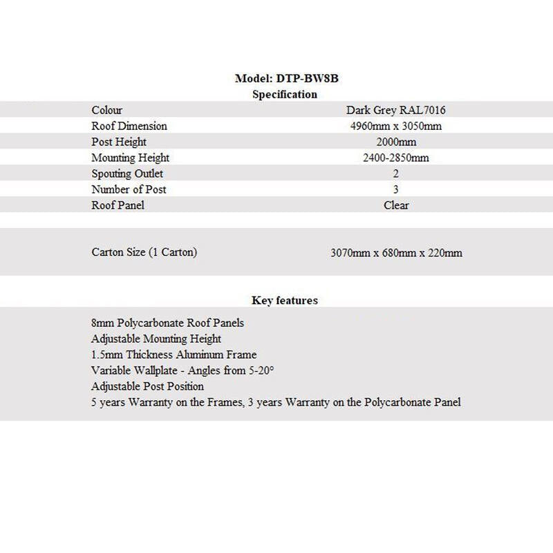 4960 L x 3050 W Aluminium Canopy, Patio cover, Carport, Lean To Pergola,8mm Roof