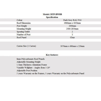4960 L x 3050 W Aluminium Canopy, Patio cover, Carport, Lean To Pergola,8mm Roof