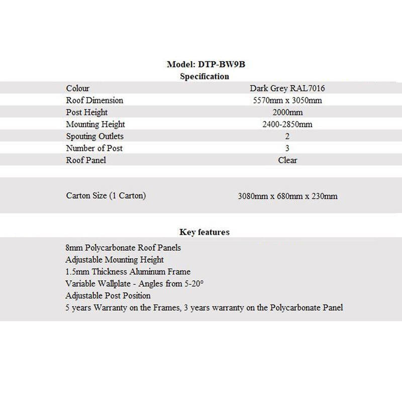 5570L x 3050W Aluminium Canopy, Patio cover, Carport, Lean To Pergola,8mm Roof