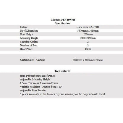 5570L x 3050W Aluminium Canopy, Patio cover, Carport, Lean To Pergola,8mm Roof