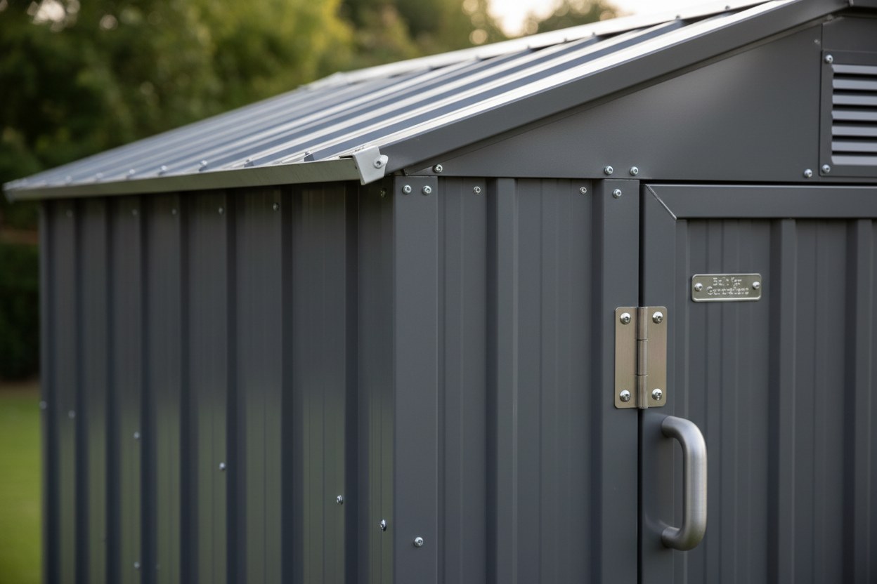 generate an image to best demonstrate craftmanship of a metal garden shed