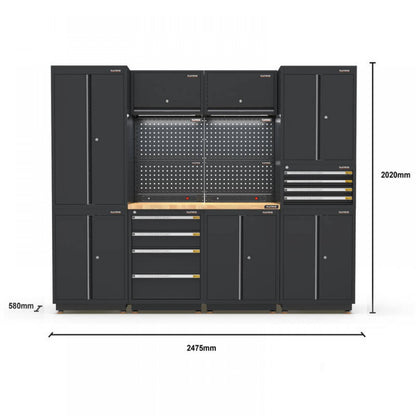 PRO SERIES 2475MM X 580MM X 2020MM BLACK WORKSHOP GARAGE STORAGE CABINET SET