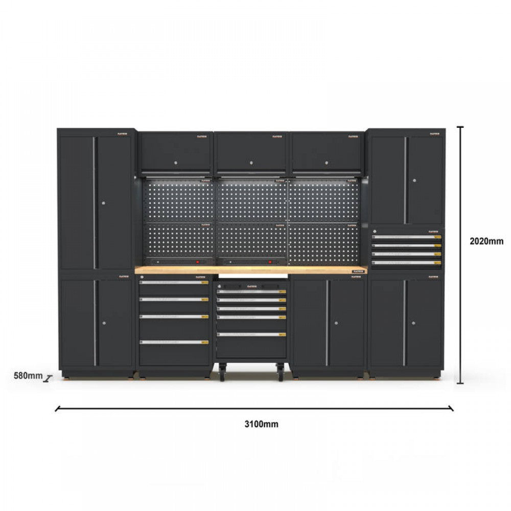 PRO SERIES 3100MM X 580MM X 2020MM BLACK WORKSHOP GARAGE STORAGE CABINET