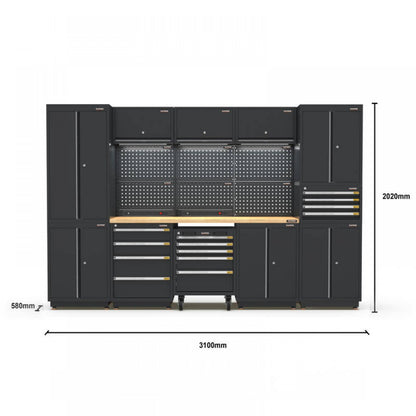 PRO SERIES 3100MM X 580MM X 2020MM BLACK WORKSHOP GARAGE STORAGE CABINET