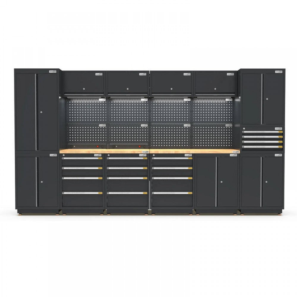 PRO SERIES 3718MM x 580MM x 2020MM BLACK WORKSHOP GARAGE STORAGE CABINET SET
