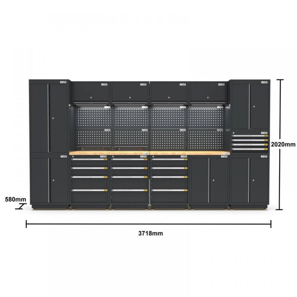 PRO SERIES 3718MM x 580MM x 2020MM BLACK WORKSHOP GARAGE STORAGE CABINET SET