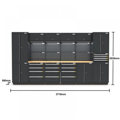 PRO SERIES 3718MM x 580MM x 2020MM BLACK WORKSHOP GARAGE STORAGE CABINET SET