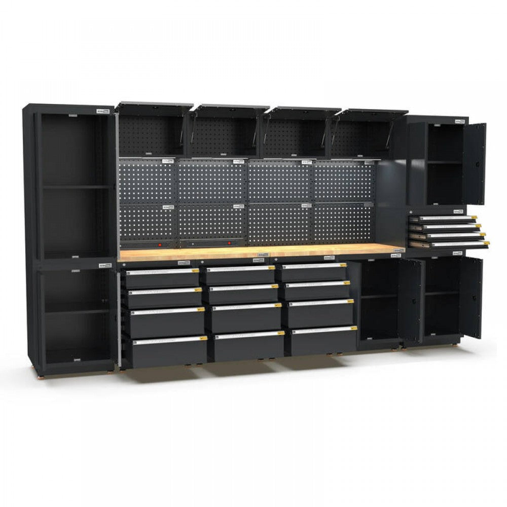PRO SERIES 3718MM x 580MM x 2020MM BLACK WORKSHOP GARAGE STORAGE CABINET SET