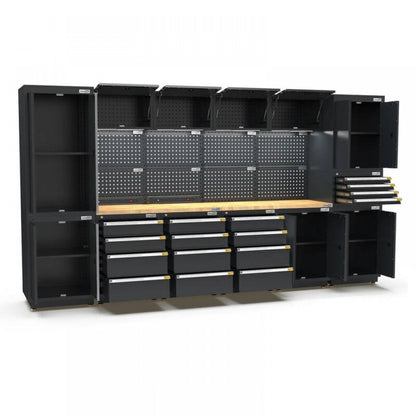 PRO SERIES 3718MM x 580MM x 2020MM BLACK WORKSHOP GARAGE STORAGE CABINET SET