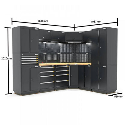 PRO SERIES 1987/2610mm x 580mm x 2020mm BLACK WORKSHOP GARAGE STORAGE CABINET