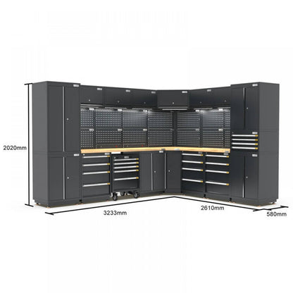 PRO SERIES 2610/3240mm x 580mm x 2020mm BLACK WORKSHOP GARAGE STORAGE CABINET