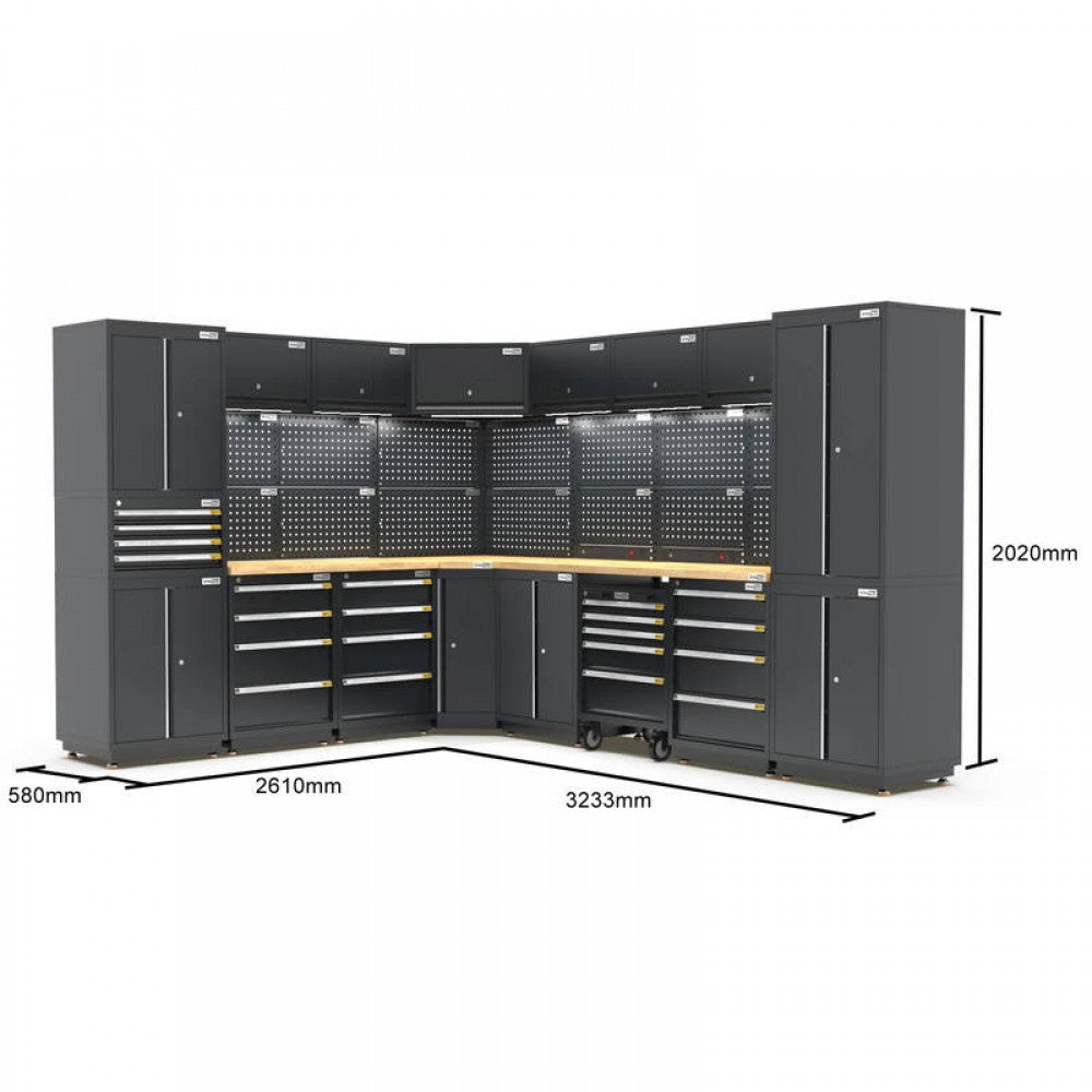 PRO SERIES 2610/3240mm x 580mm x 2020mm BLACK WORKSHOP GARAGE STORAGE CABINET