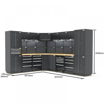 PRO SERIES 2610/3240mm x 580mm x 2020mm BLACK WORKSHOP GARAGE STORAGE CABINET