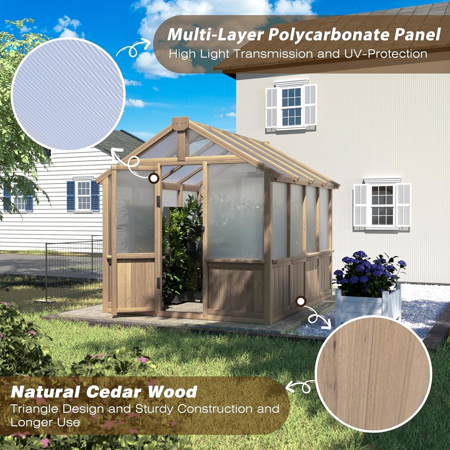 Cedar Wood Garden Greenhouse, Polycarbonate Plant House with Steel Frame  Steelmates