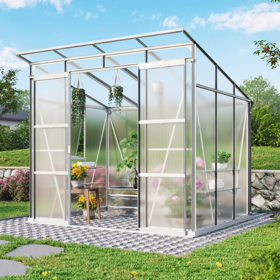 6MM Polycarbonate Greenhouse with Flat Roof -254x192cm Aluminium Greenhouses Steelmates