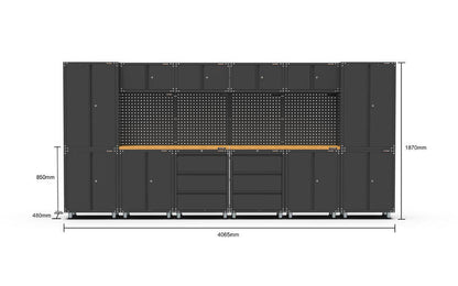 4056mm x 480mm x 1870mm Black Workshop Garage Storage Cabinet Set