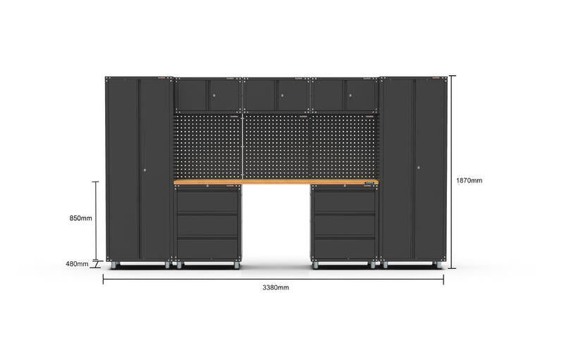 3380mm x 480mm x 1870mm Black Workshop Garage Storage Cabinet Set Model C