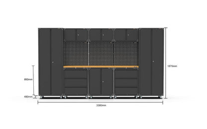 3380mm x 480mm x 1870mm Black Workshop Garage Storage Cabinet Set