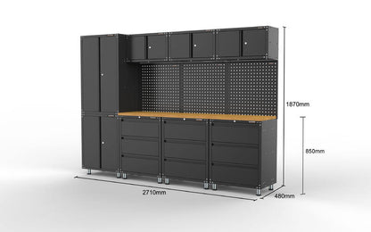 2710mm x 480mm x 1870mm Black Workshop Garage Storage Cabinet Set Model B
