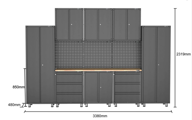 3380mm x 480mm x 2319mm Black Workshop Garage Storage Cabinet Set Model C