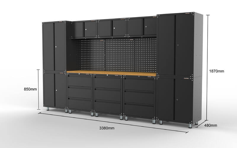 3380mm x 480mm x 1870mm Black Workshop Garage Storage Cabinet Set