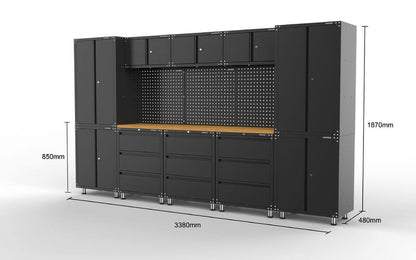 3380mm x 480mm x 1870mm Black Workshop Garage Storage Cabinet Set