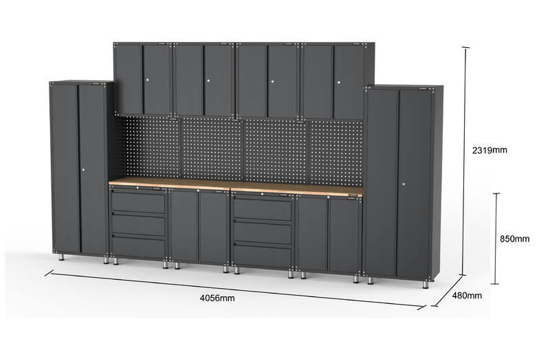 4056mm x 480mm x 2319mm Black Workshop Garage Storage Cabinet Set