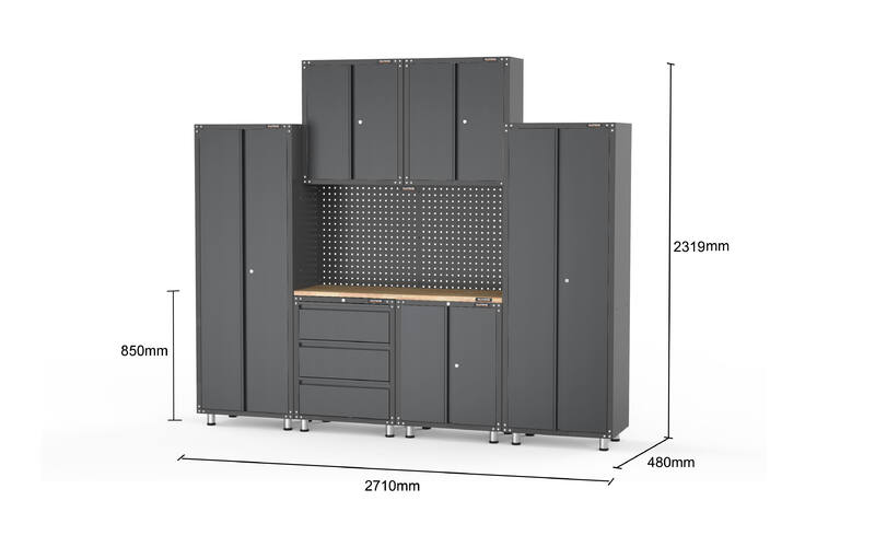 2704mm x 480mm x 2319mm Black Workshop Garage Storage Cabinet Set Model B