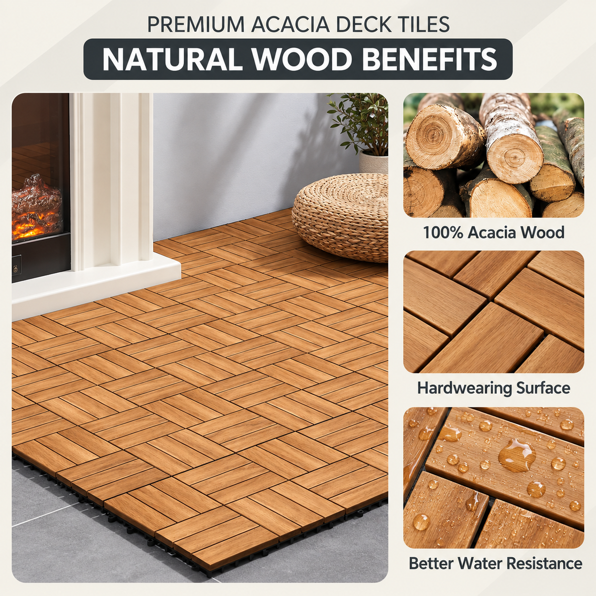 Acacia Hardwood Deck Tile 300x300x24 - pack of 10  steelmates